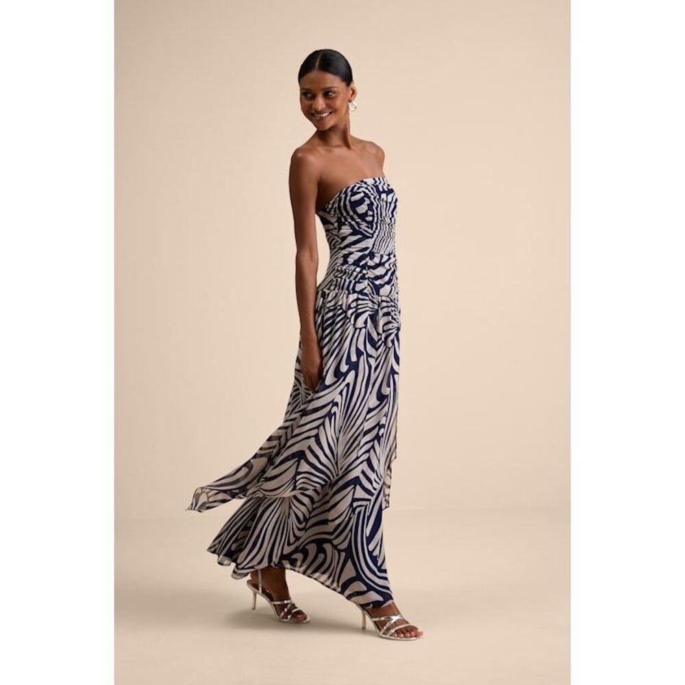 Lulus Calista Navy Print Ruched Drop Waist Maxi Dress Blue - Size L